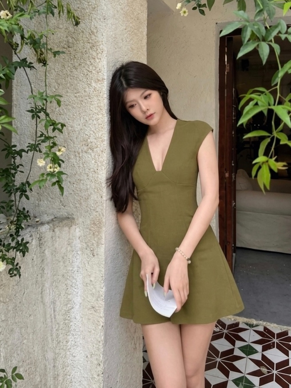 Zara Women’s Crepe V-Neck Olive Green Fit-and-Flare Dress - Size Medium